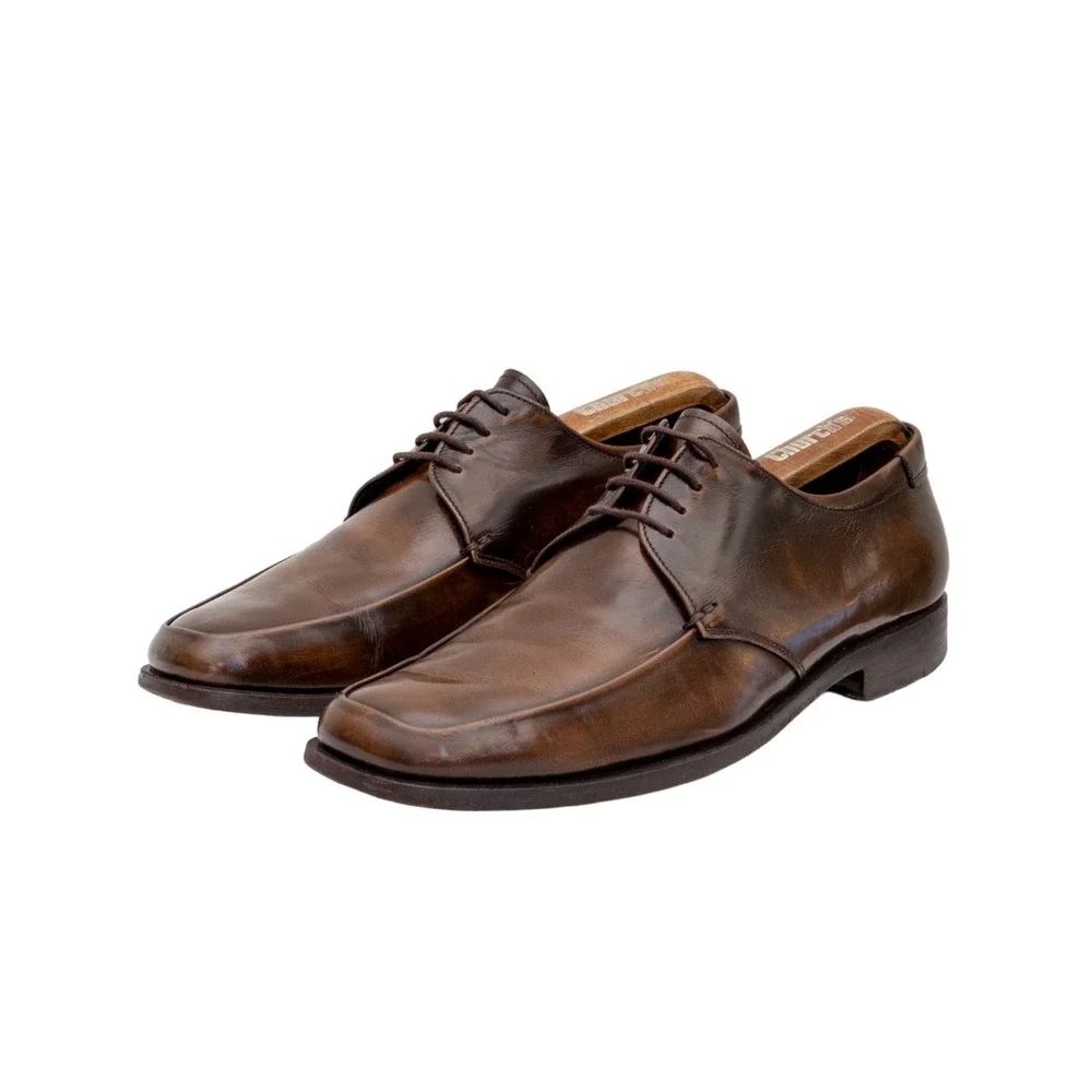 PRADA Brown Polished Leather Square Toe Derby Dress Shoes US‎ 8 UK 7